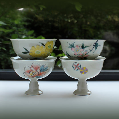 High-foot painted ceramic teacup, handmade teacup, Kung Fu tea ceremony tea set, zero with antique trendy teacup master cup