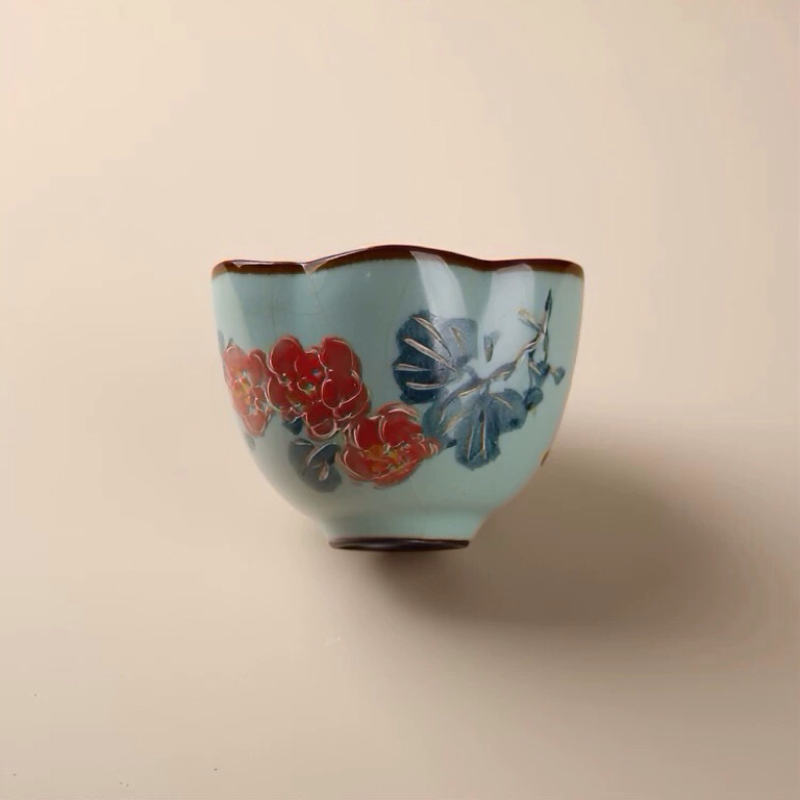 New in-glaze azure Ru kiln hand-painted peony plum cup ceramic teacup