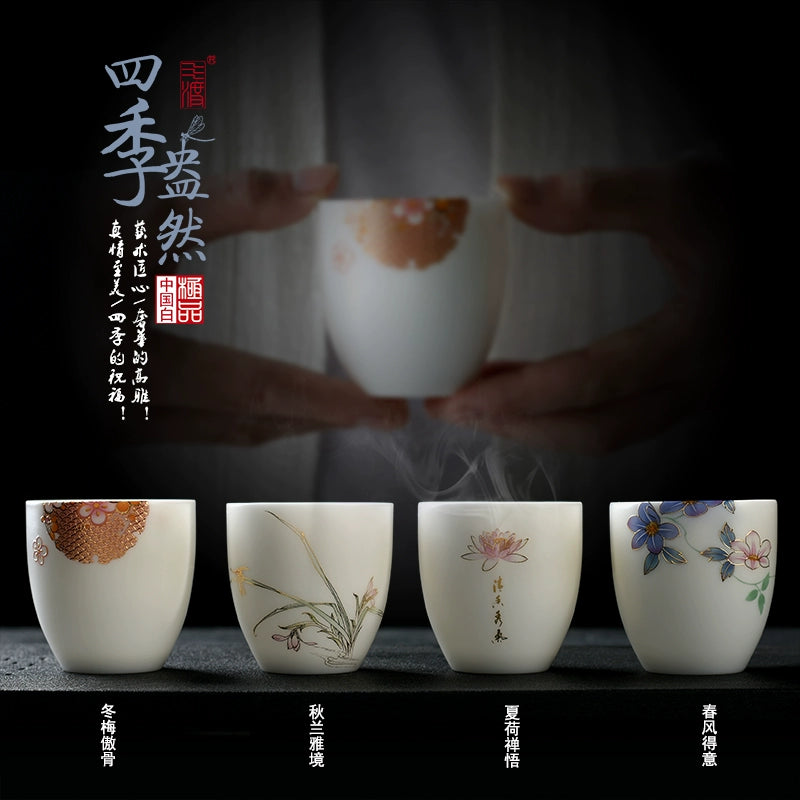 Four Seasons Full Suet Jade White Porcelain Teacup High-end Ceramic Tea Tasting Cup Single Cup Master Cup