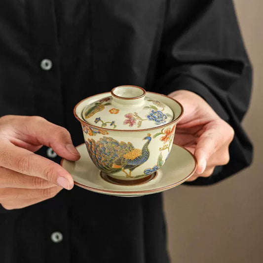 Ru kiln three talents cover bowl peacock open screen three talents cover bowl can hover and rotate Chinese high-end cover bowl