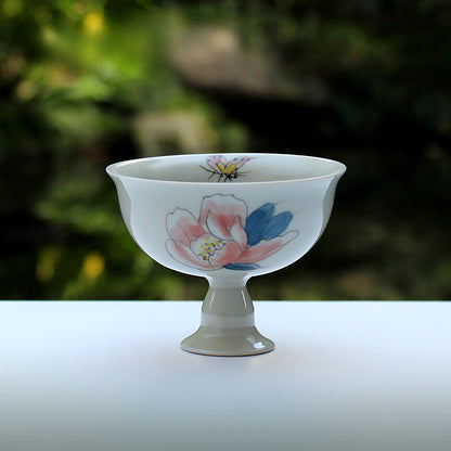 High-foot painted ceramic teacup, handmade teacup, Kung Fu tea ceremony tea set, zero with antique trendy teacup master cup
