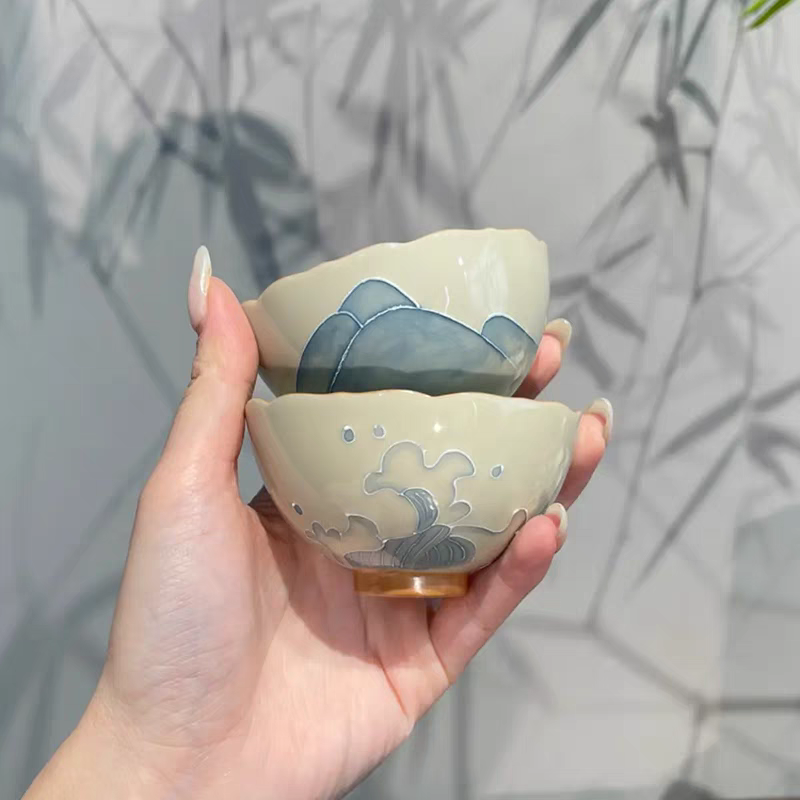 Hand-painted flower-mouth cup, Chinese household ceramic tea cup, pair cup gift outfit